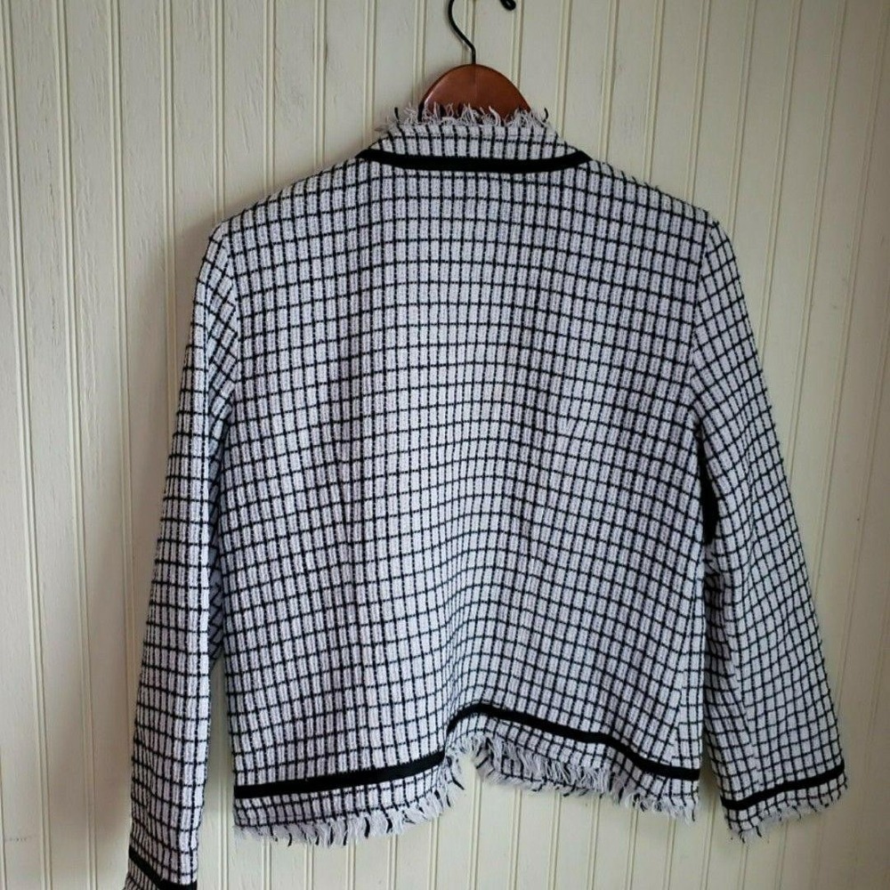 Chico's Blazer Jacket Womens 1 White Black Check Tweed Fringe Open Front Lined - Picture 3 of 8